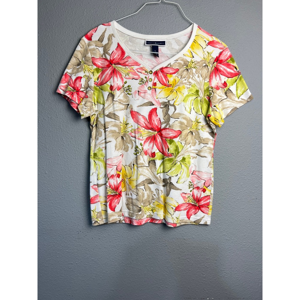 Karen Scott Womens Large Floral Henley Short Sleeve Top Red Yellow Green‎ Cotton